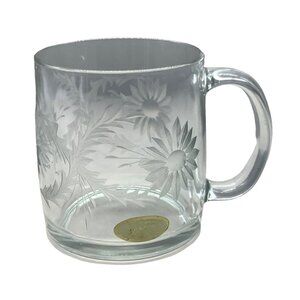 Vtg Luminarc Damron's Hand Engraved Glass Cup Mug 4"x4" + Handle Etched Floral